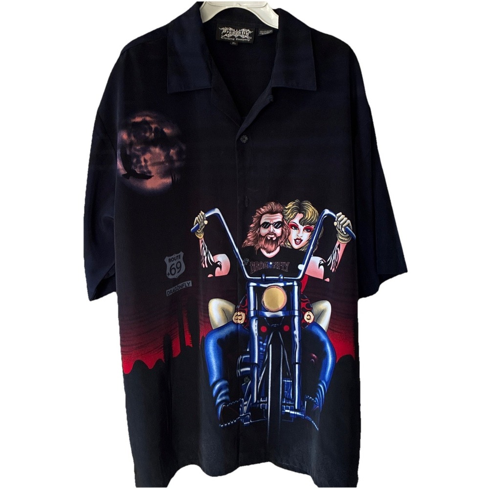 Dragonfly Button Up Shirt Men's XL Route 69 Motorcycle Biker Short Sleeve EUC